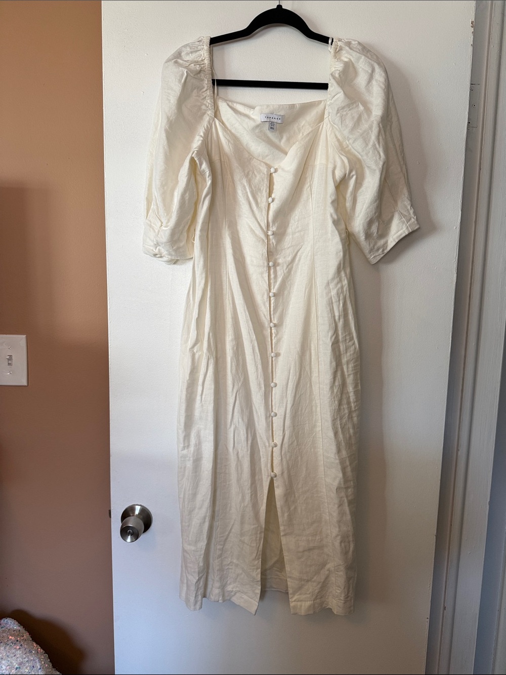 Topshop Cream Button-Front Puff Sleeve Midi Dress